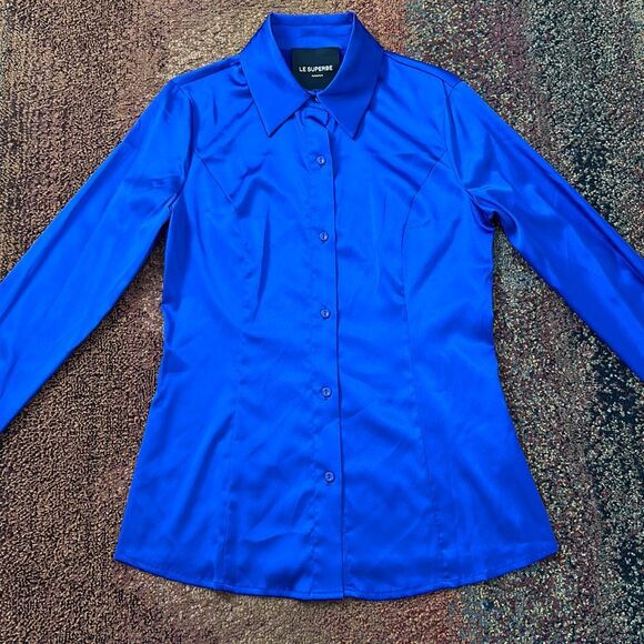 Le Superbe Superstoned Button Up Orbital Seamed Satin Fitted Shirt Cobalt Size 4 - Picture 7 of 7